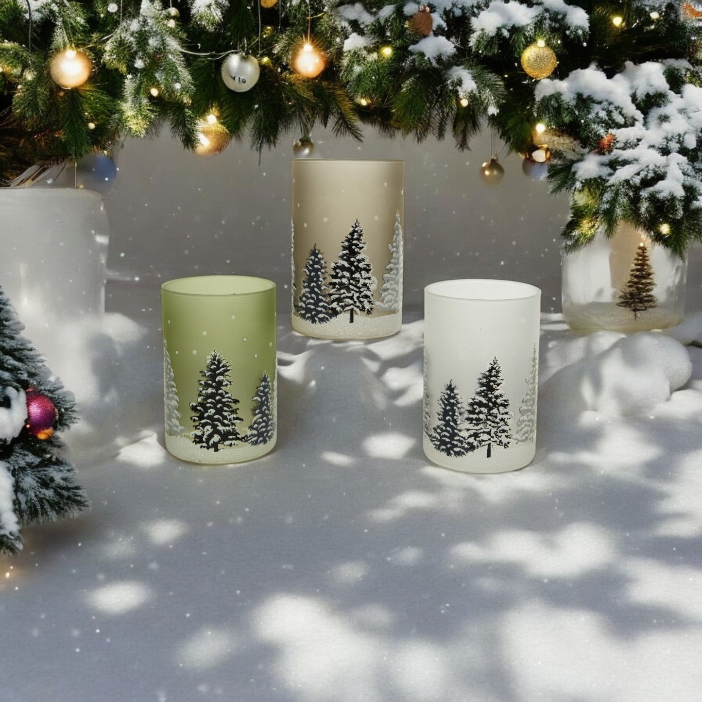 Ljuslyktor Snöfall över granar