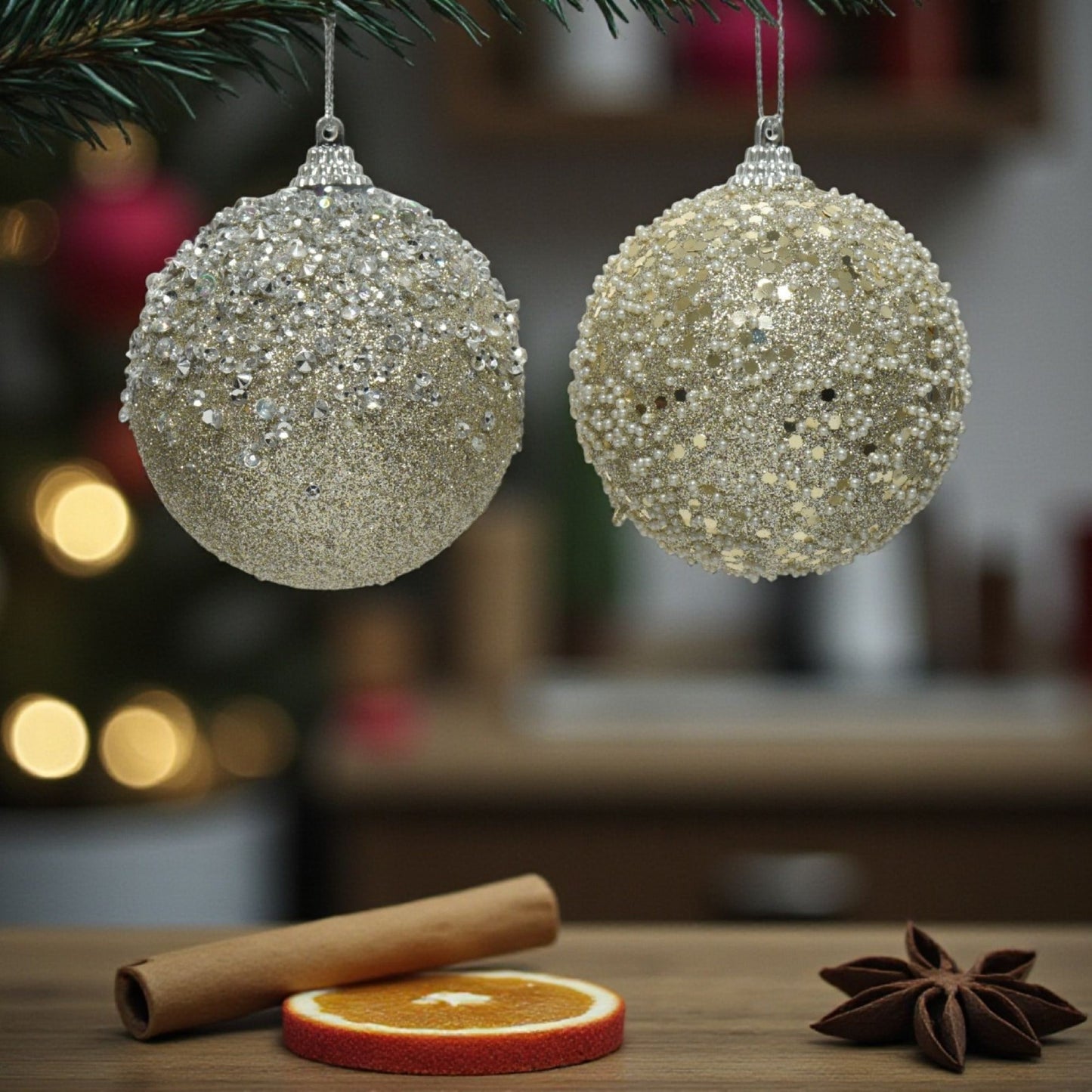 Julgranskulor med Glitter & Pärlor 2st